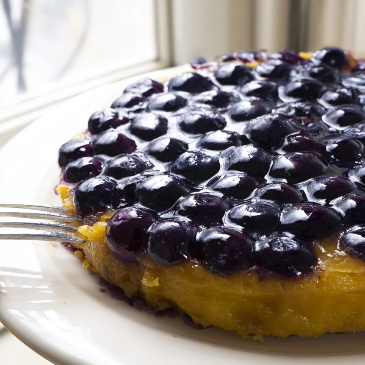 Golden blueberry upside down cake topped with caramelized berries and a moist vanilla crumb