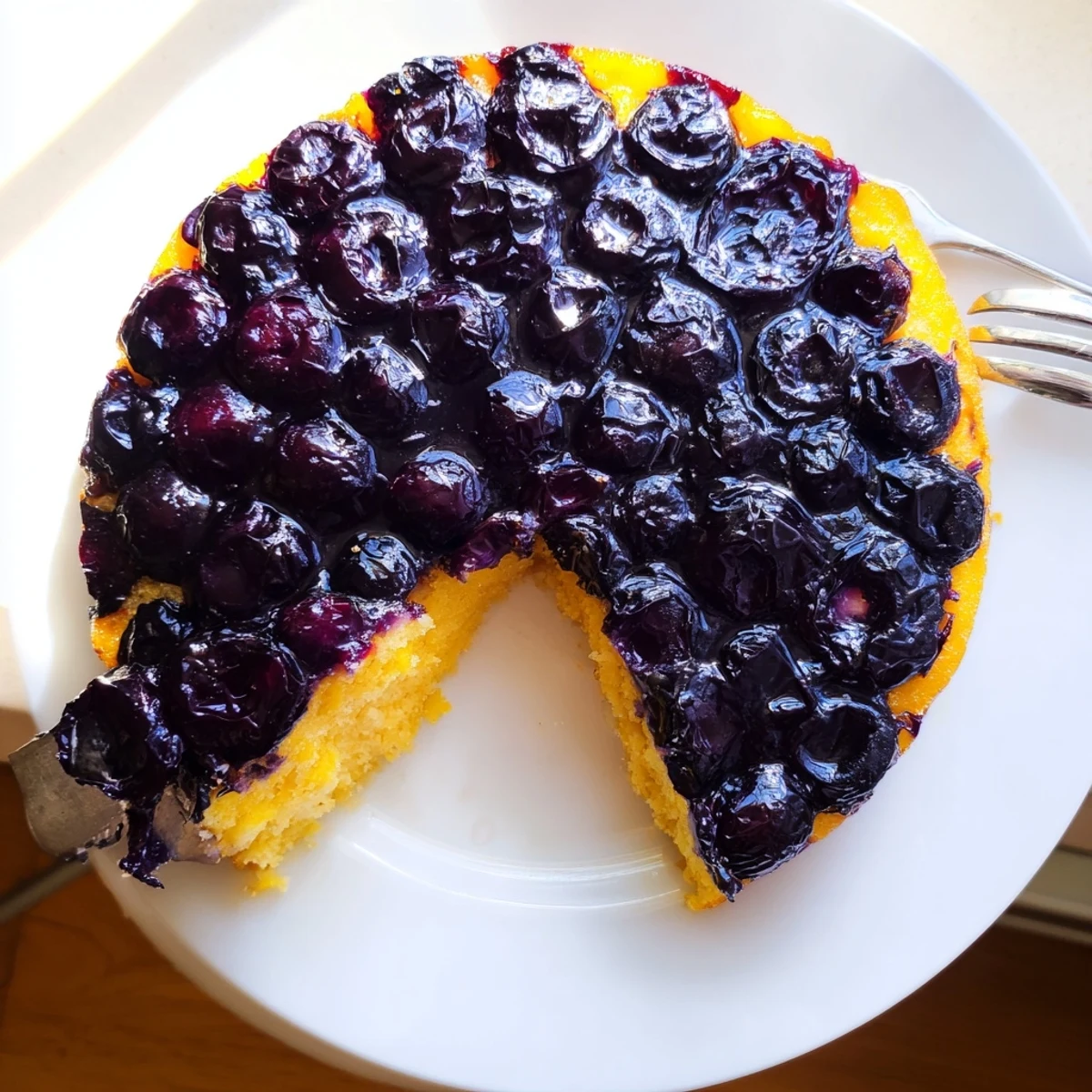 Slice of blueberry upside down cake served with whipped cream on a white plate