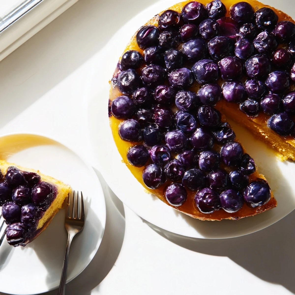 Inverted blueberry upside down cake revealing glossy purple fruit baked into tender yellow cake