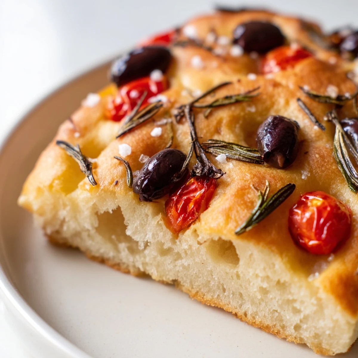 Golden crispy mini focaccia topped with fresh rosemary and flaky sea salt on a wooden board