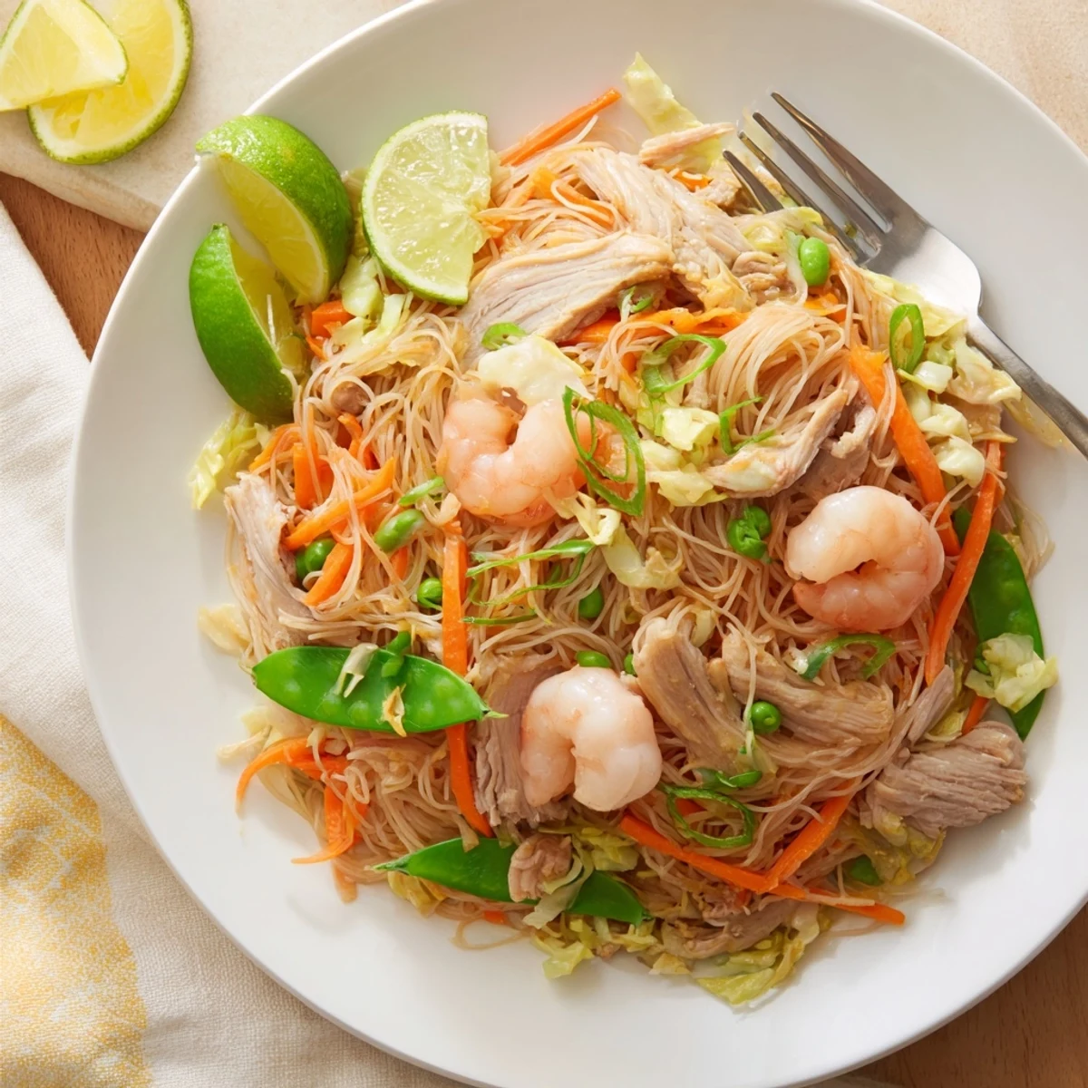A generous serving platter of Traditional Pancit Bihon garnished with fresh scallions and bright lemon wedges alongside the noodle stir-fry