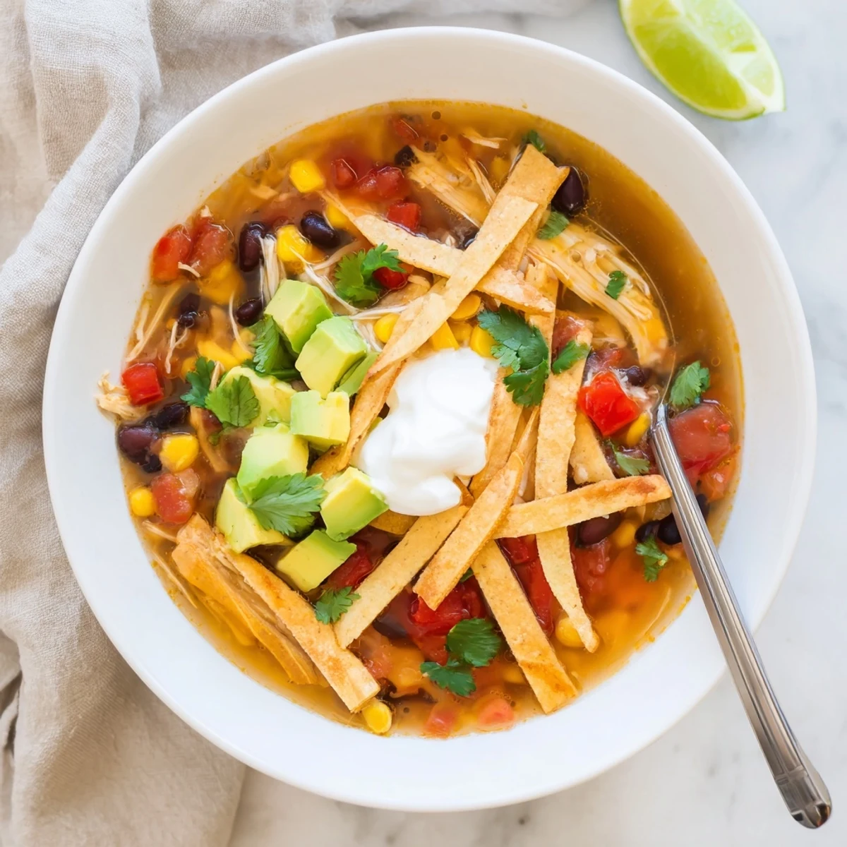Steamy bowl of classic chicken tortilla soup topped with crispy golden tortilla strips and fresh cilantro garnish