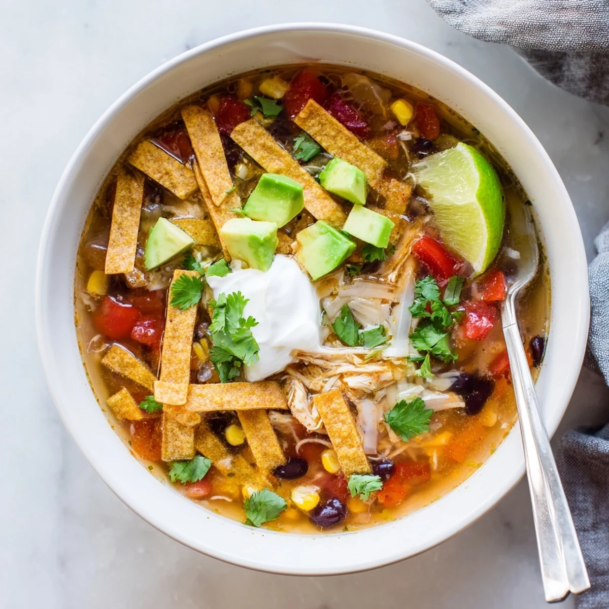 Rustic classic chicken tortilla soup featuring vibrant red bell pepper, diced tomatoes, and zesty lime wedge garnish