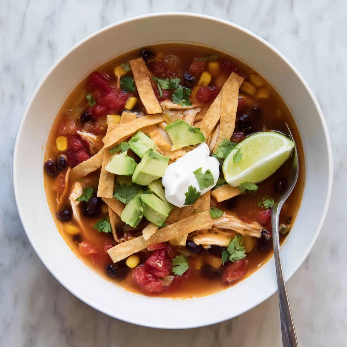 Hearty classic chicken tortilla soup simmered with tender chicken, black beans, corn, and melted shredded cheese