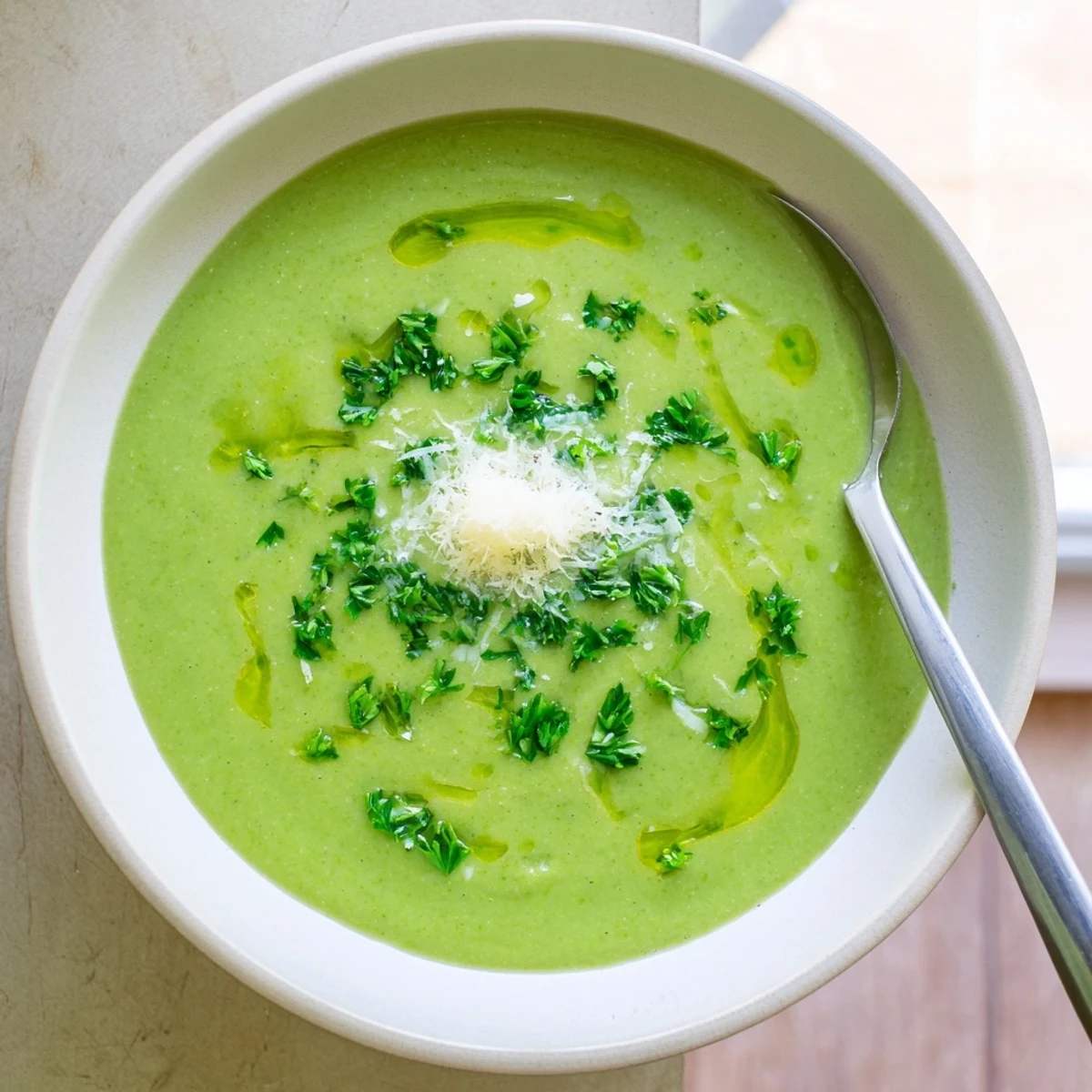 Steaming bowl of homemade Italian broccoli soup featuring vibrant green puree topped with extra Parmesan cheese