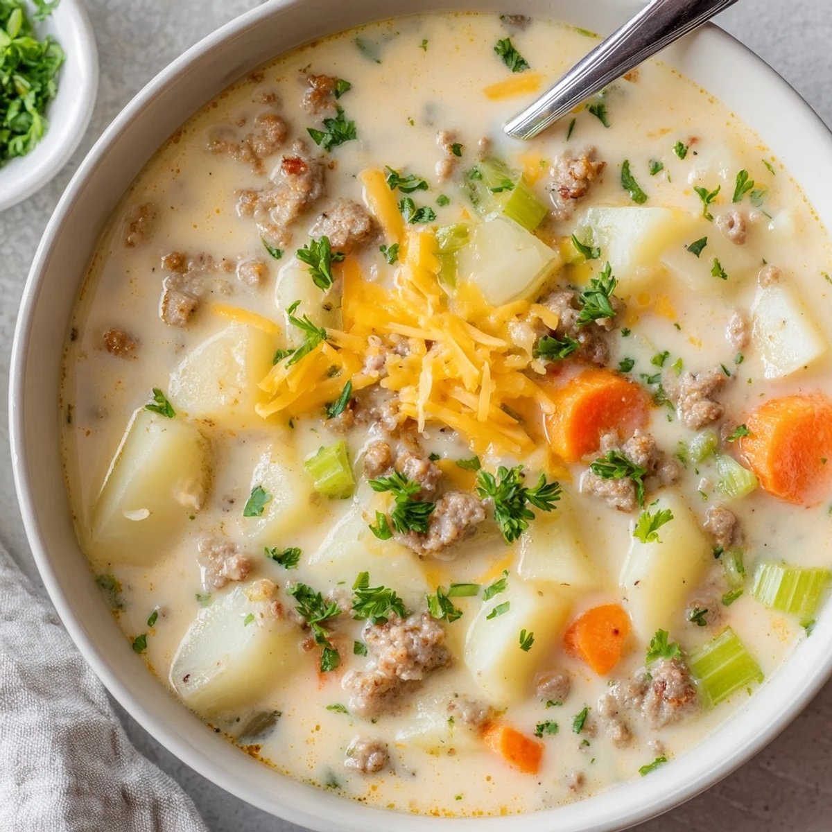 Creamy pork sausage potato soup topped with fresh parsley in a rustic bowl.