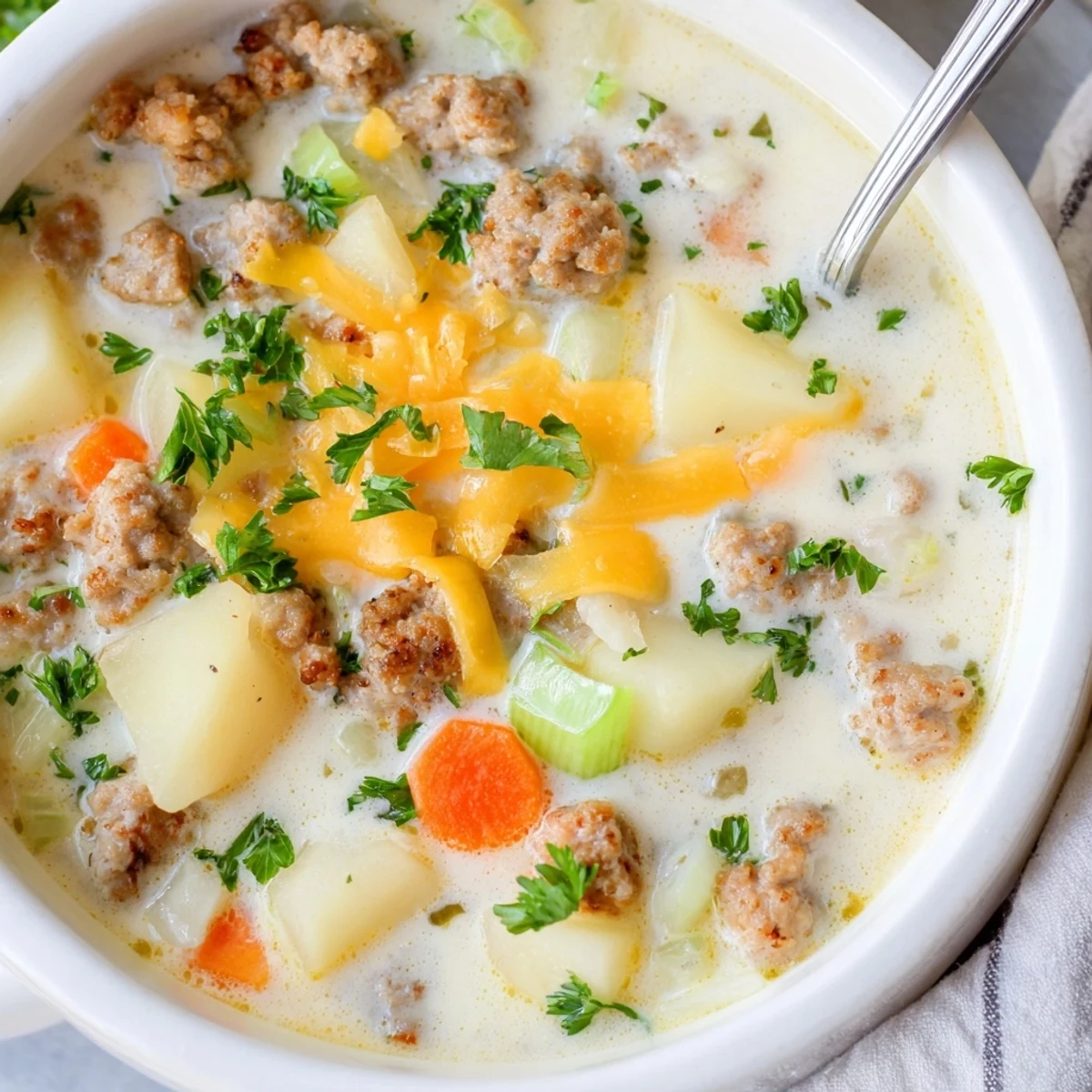 Savory pork sausage potato soup featuring tender vegetables and rich creamy broth.
