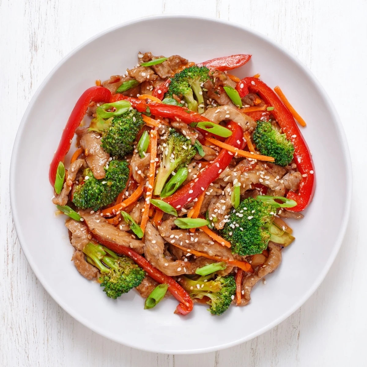 Savory ground turkey stir fry with crisp broccoli florets in a glossy Asian-inspired sauce ready for serving over steamed white rice in a shallow bowl.