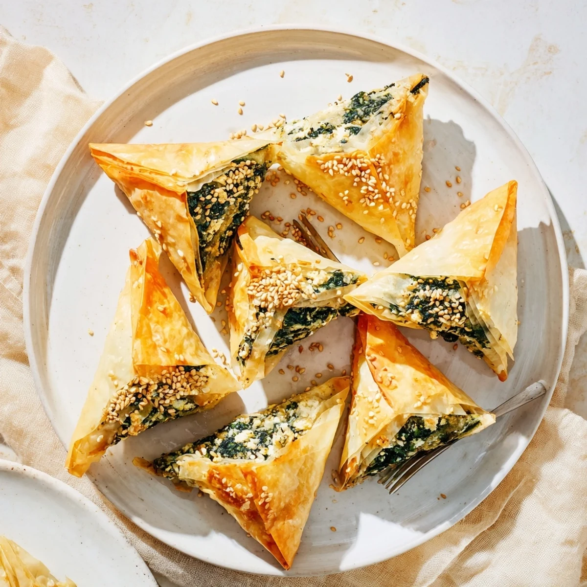 Golden crispy Mediterranean spinach and feta crisps arranged on a wooden serving board, sprinkled with sesame seeds