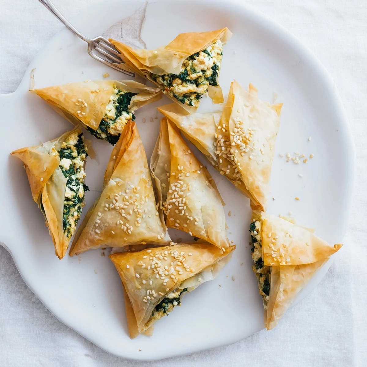 Flaky phyllo pastry triangles filled with savory spinach and creamy feta cheese, baked until golden brown