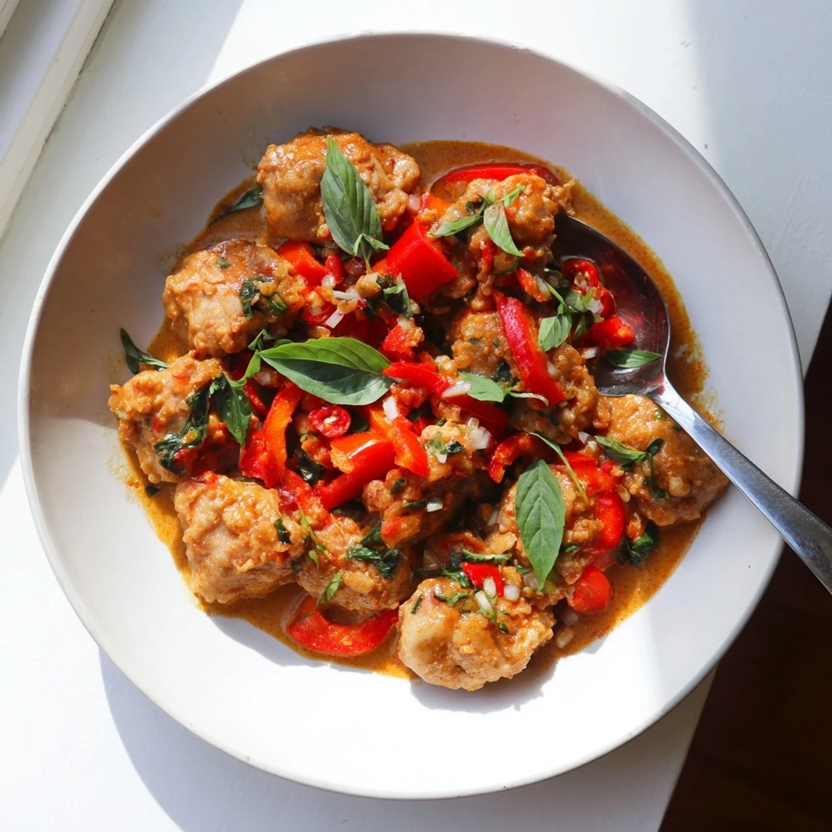 Creamy basil chicken with coconut curry sauce served over steamed jasmine rice with fresh basil garnish