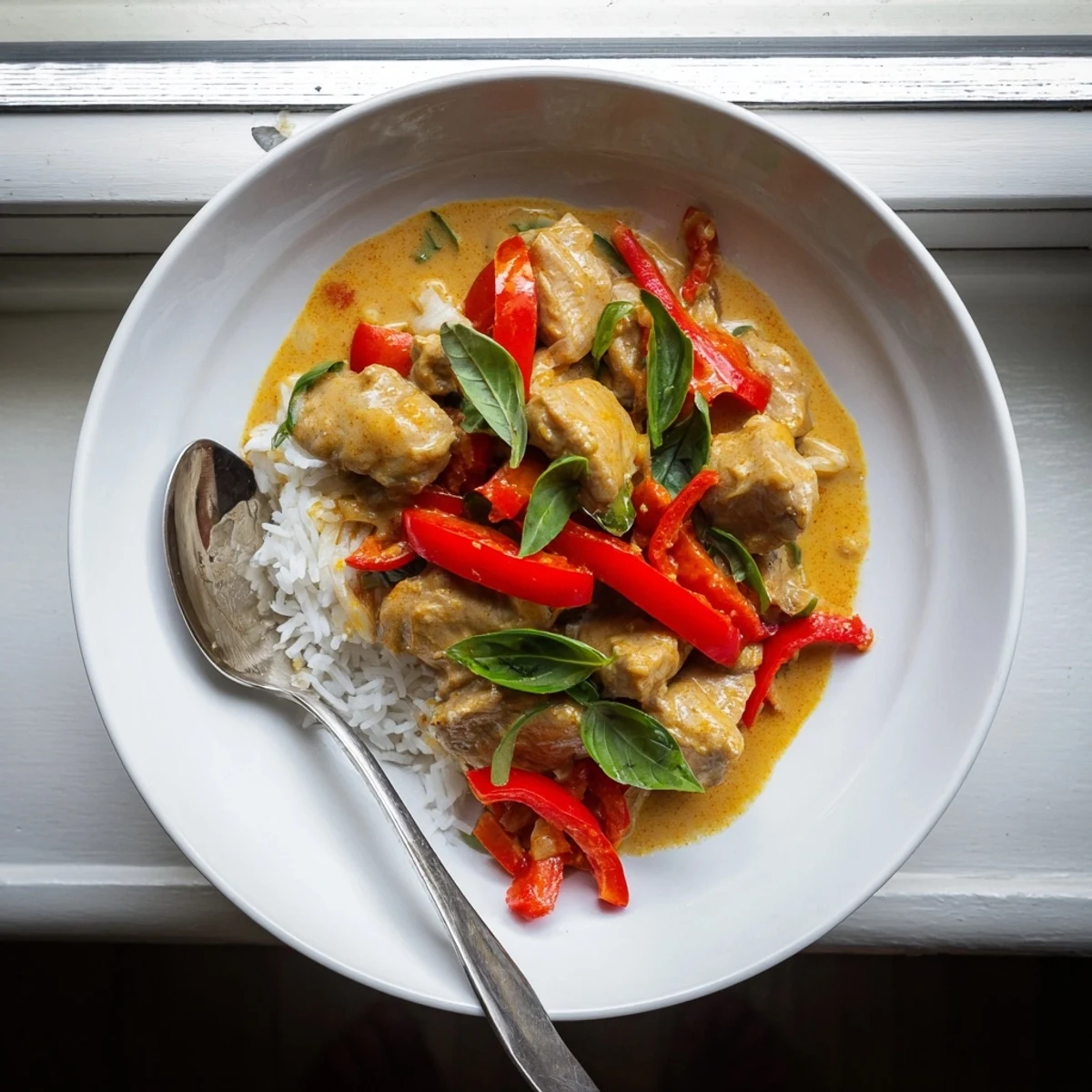 Golden chicken simmering in rich coconut curry sauce topped with chopped fresh basil and lime wedge