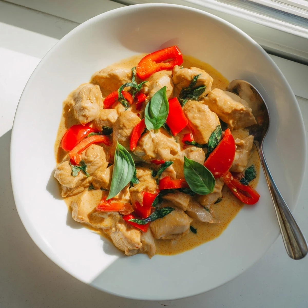 Tender chicken pieces in fragrant coconut curry sauce with red bell pepper and fresh basil leaves