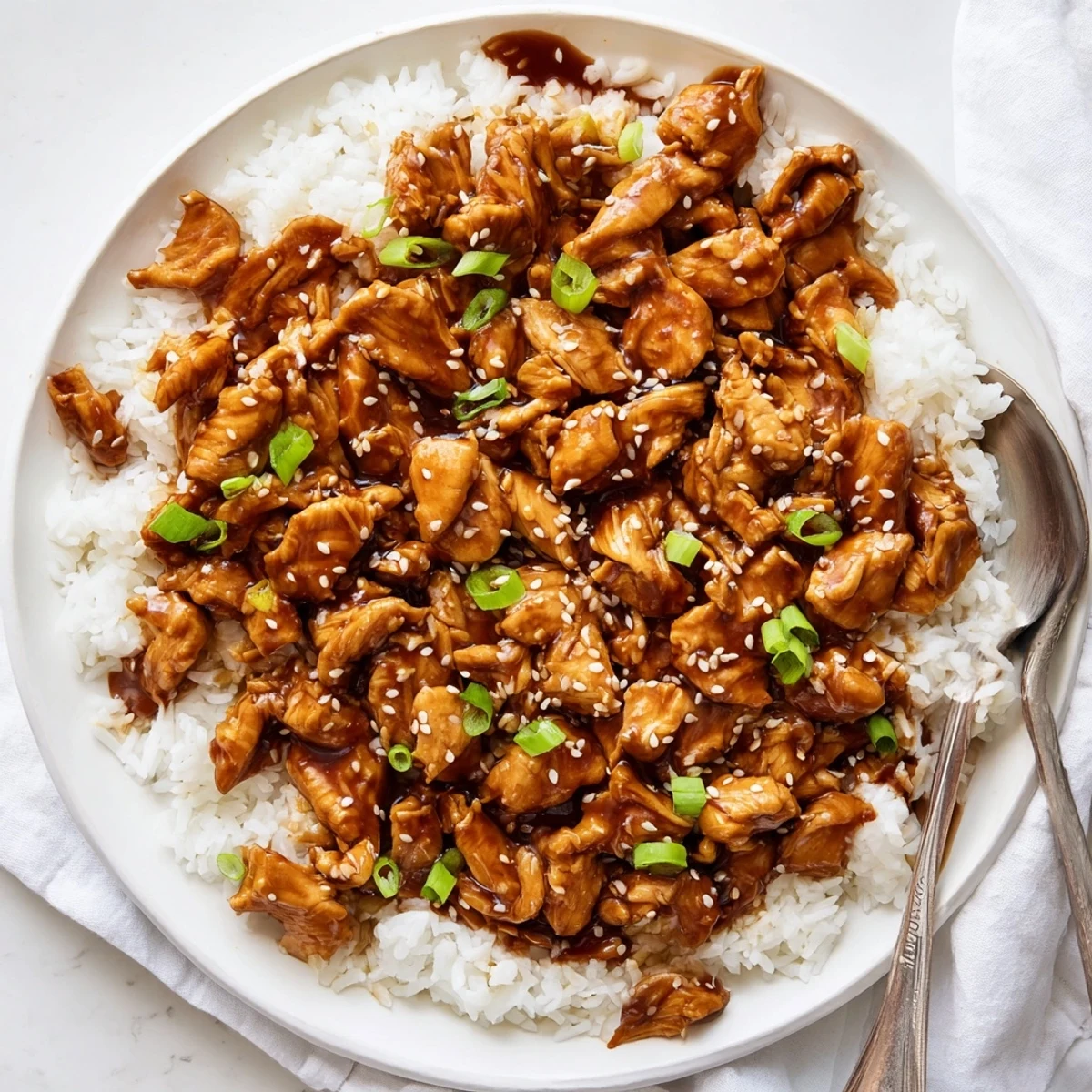 Slow Cooker Mongolian Chicken with tender shredded pieces coated in glossy sweet-savory sauce over steamed white rice