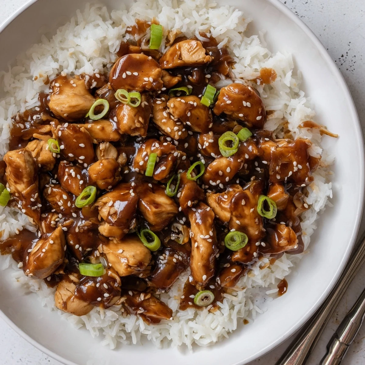 Savory slow-cooked Mongolian Chicken garnished with fresh green onions and sesame seeds on a bed of fluffy rice