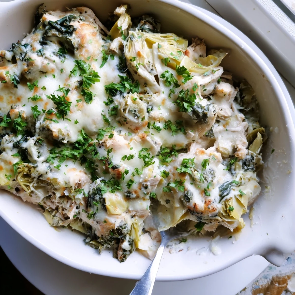 Golden bubbly spinach and artichoke chicken casserole topped with melted mozzarella cheese