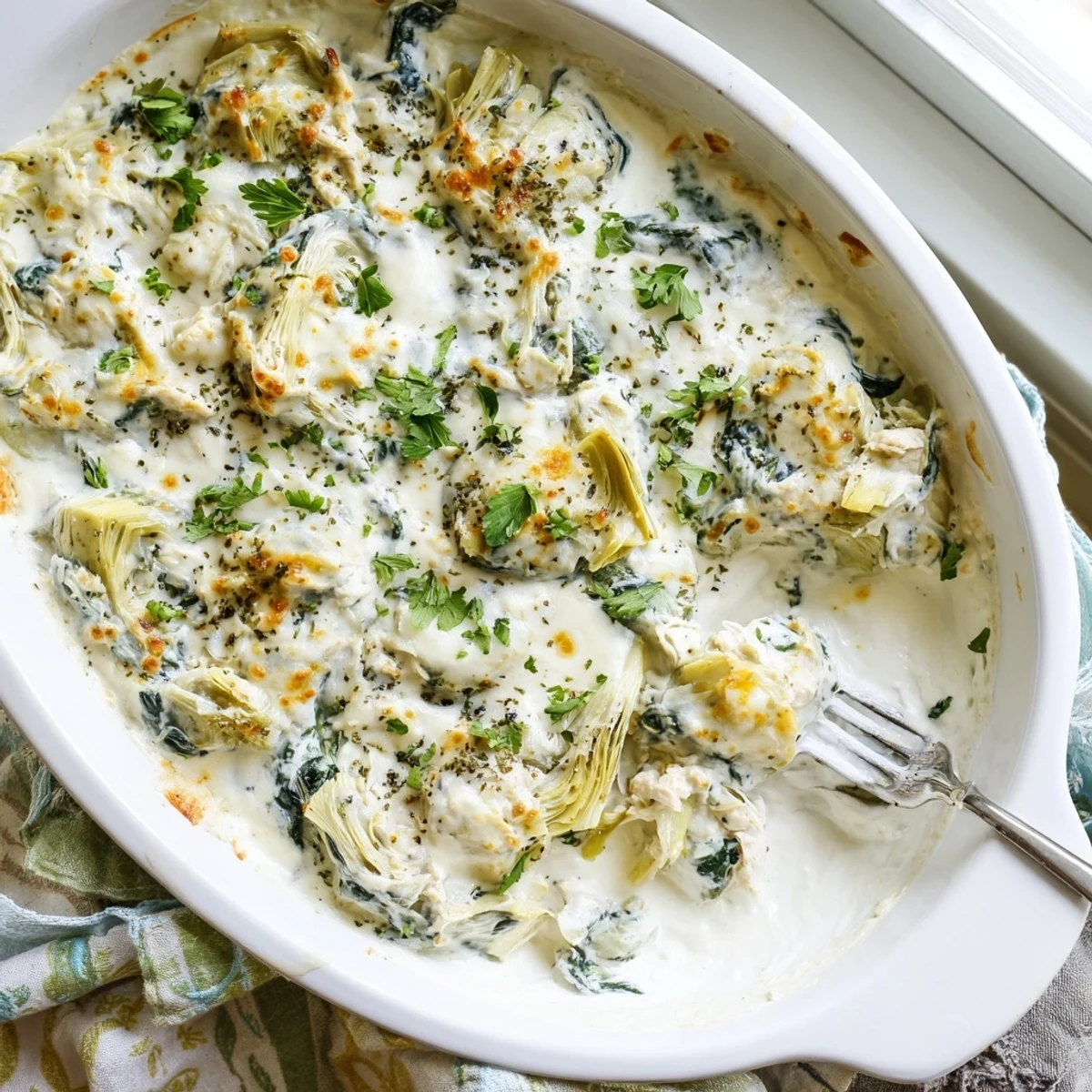 Creamy high protein spinach and artichoke chicken casserole fresh from the oven with garnish