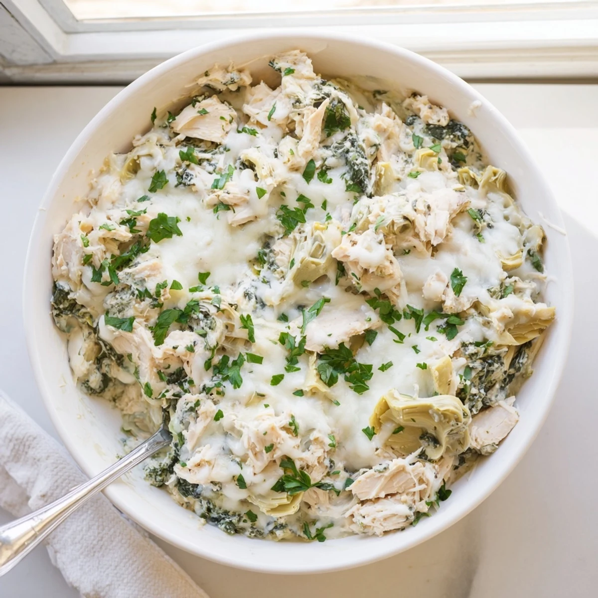 Hearty baked casserole dish featuring shredded chicken spinach artichokes and golden brown cheesy topping
