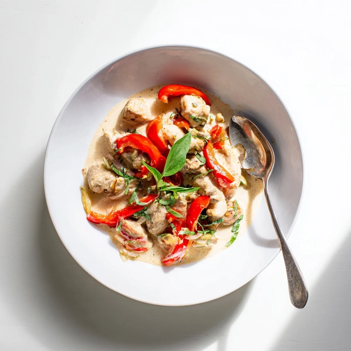 Tender chicken pieces simmered in rich golden coconut curry sauce with colorful bell pepper slices and aromatic herbs