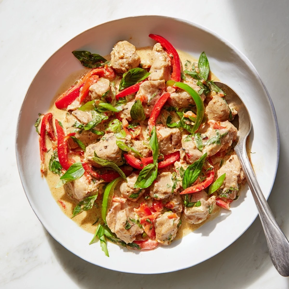 Creamy basil chicken in coconut curry sauce garnished with fresh green basil leaves over steamed white jasmine rice