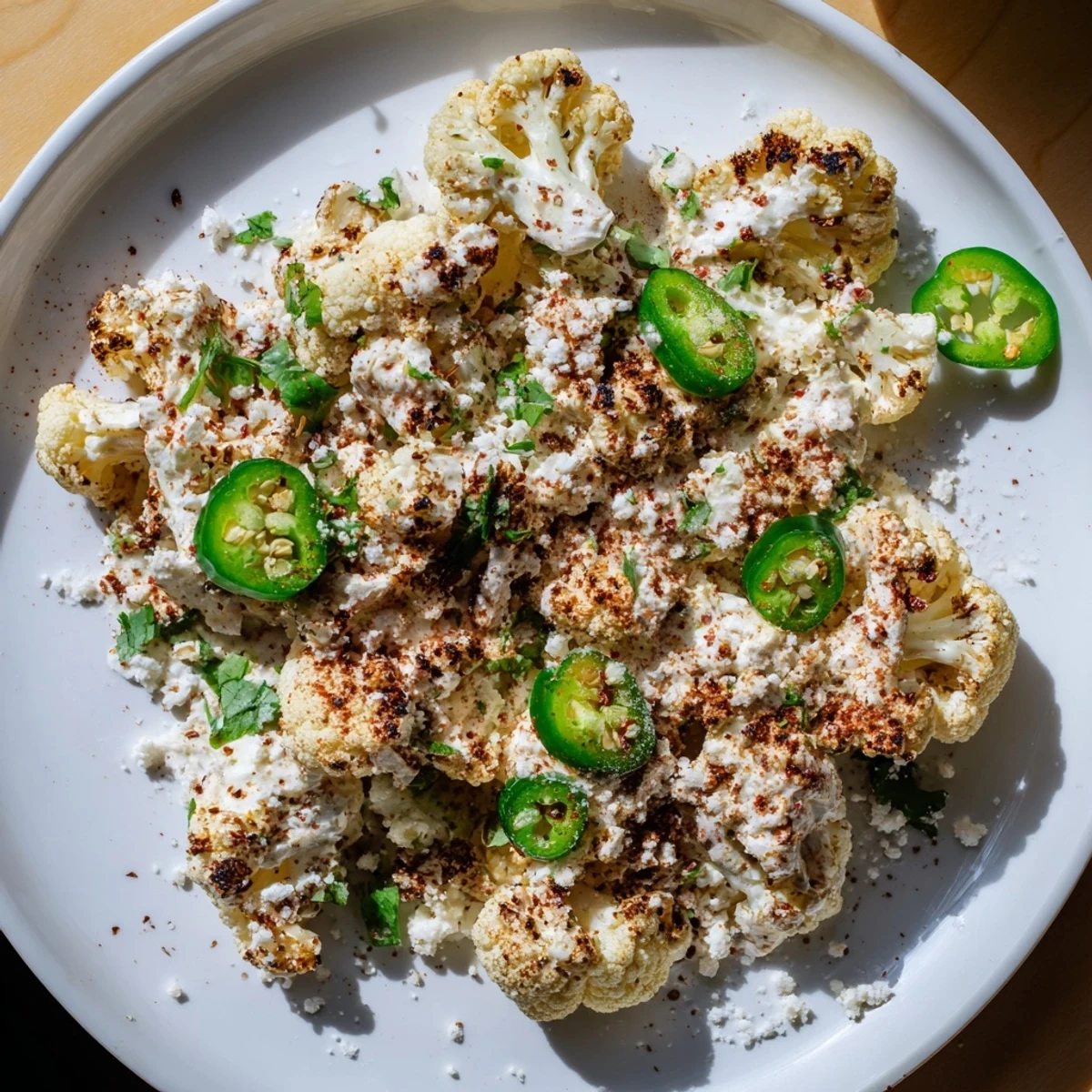Golden roasted cauliflower elote coated in creamy sauce topped with crumbled cotija and fresh cilantro