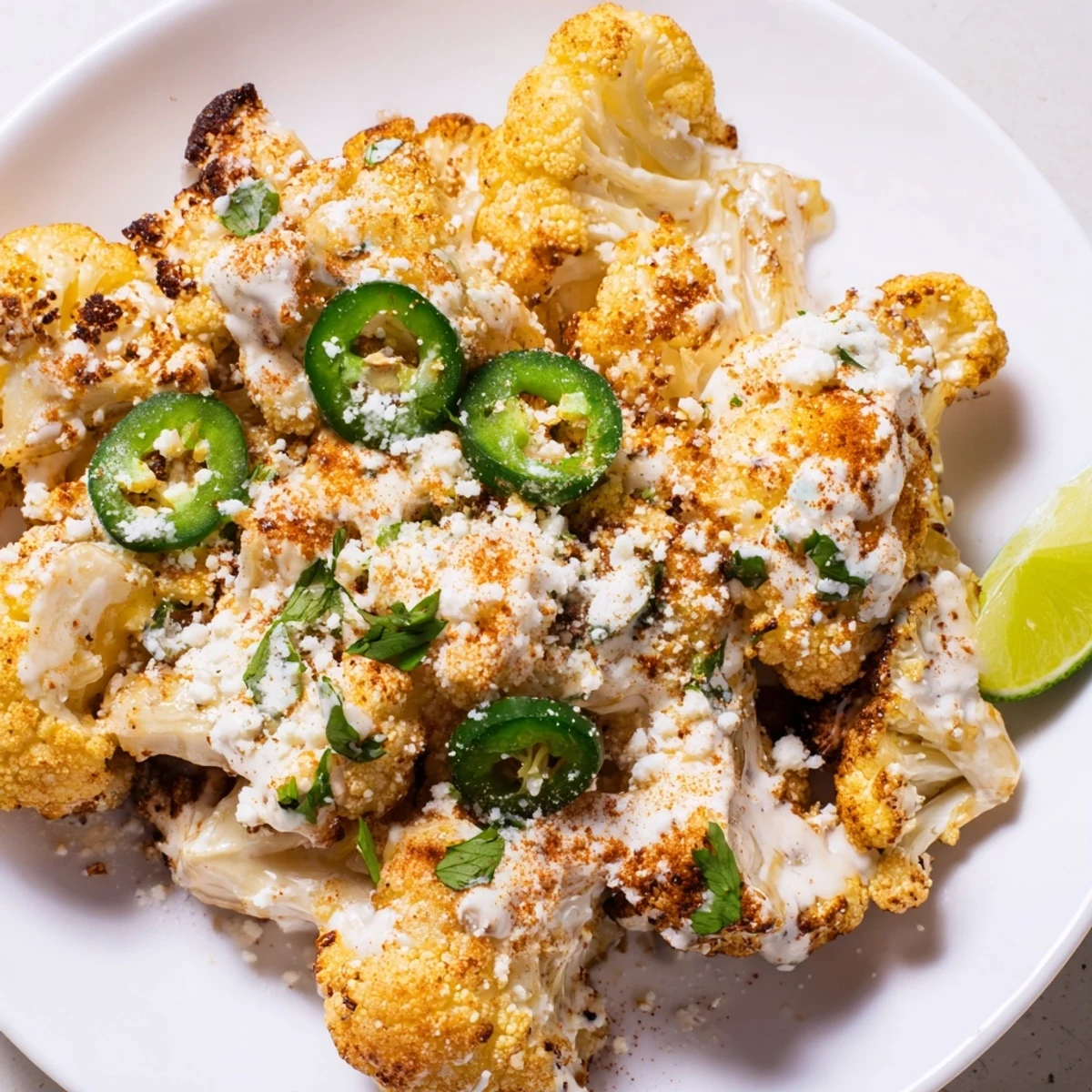Mexican street corn style cauliflower elote sprinkled with chili powder and served with lime wedges