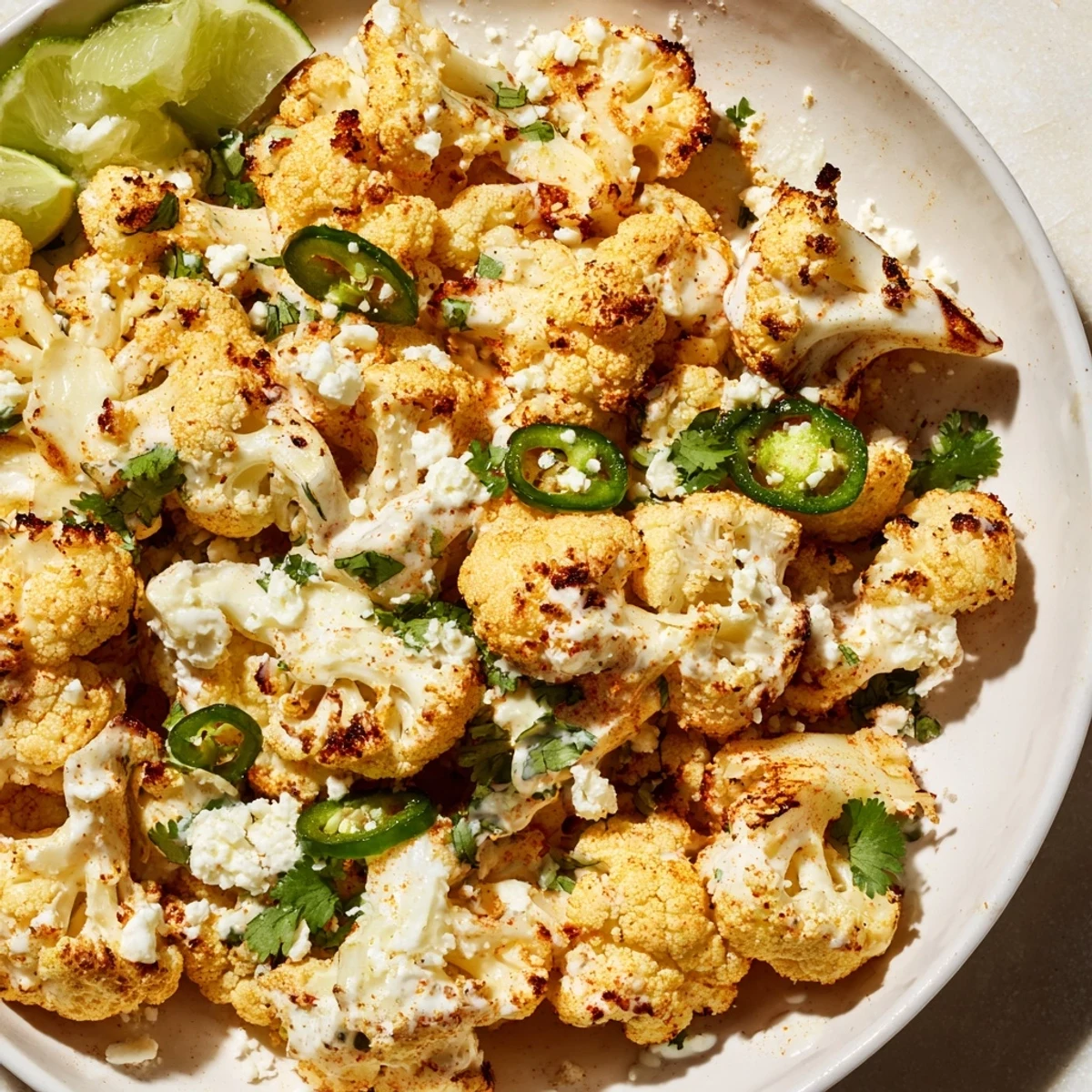 Creamy cauliflower elote dish featuring roasted florets drizzled with tangy lime sauce and savory cheese
