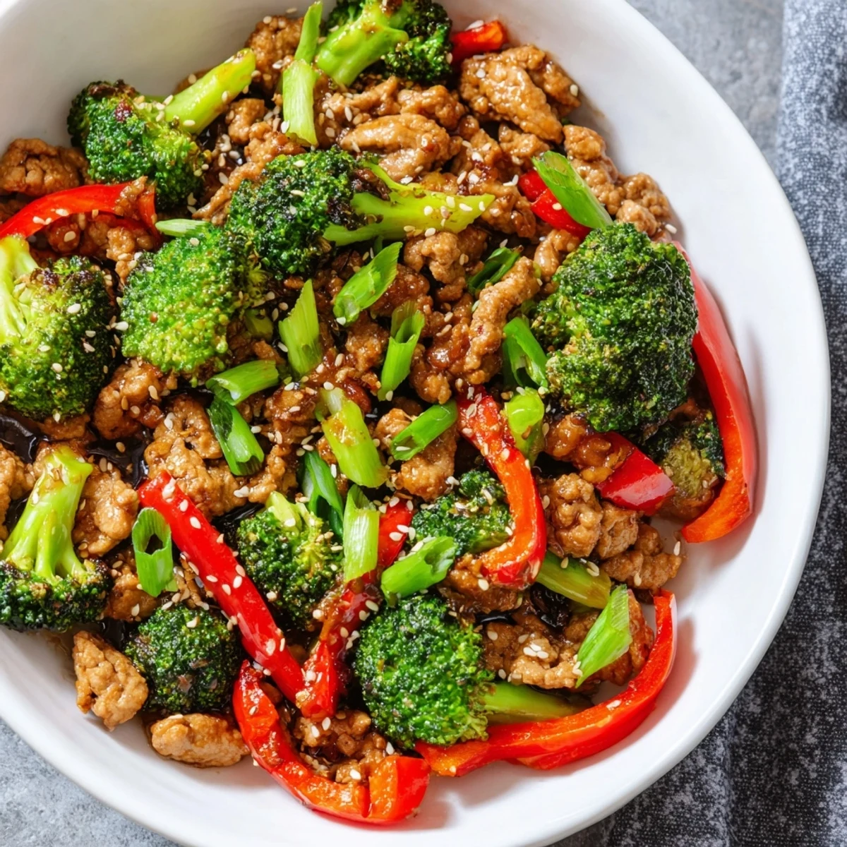 Golden brown ground turkey stir fry with broccoli in glossy savory sauce served over white rice