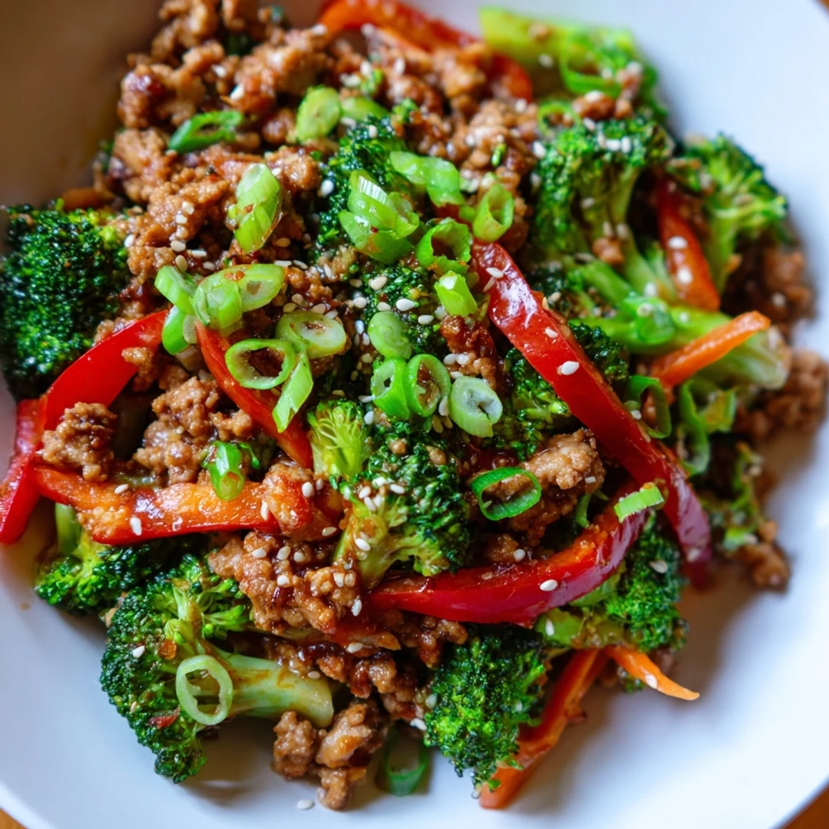 Colorful broccoli and bell pepper pieces tossed with seasoned ground turkey in a hot wok close up