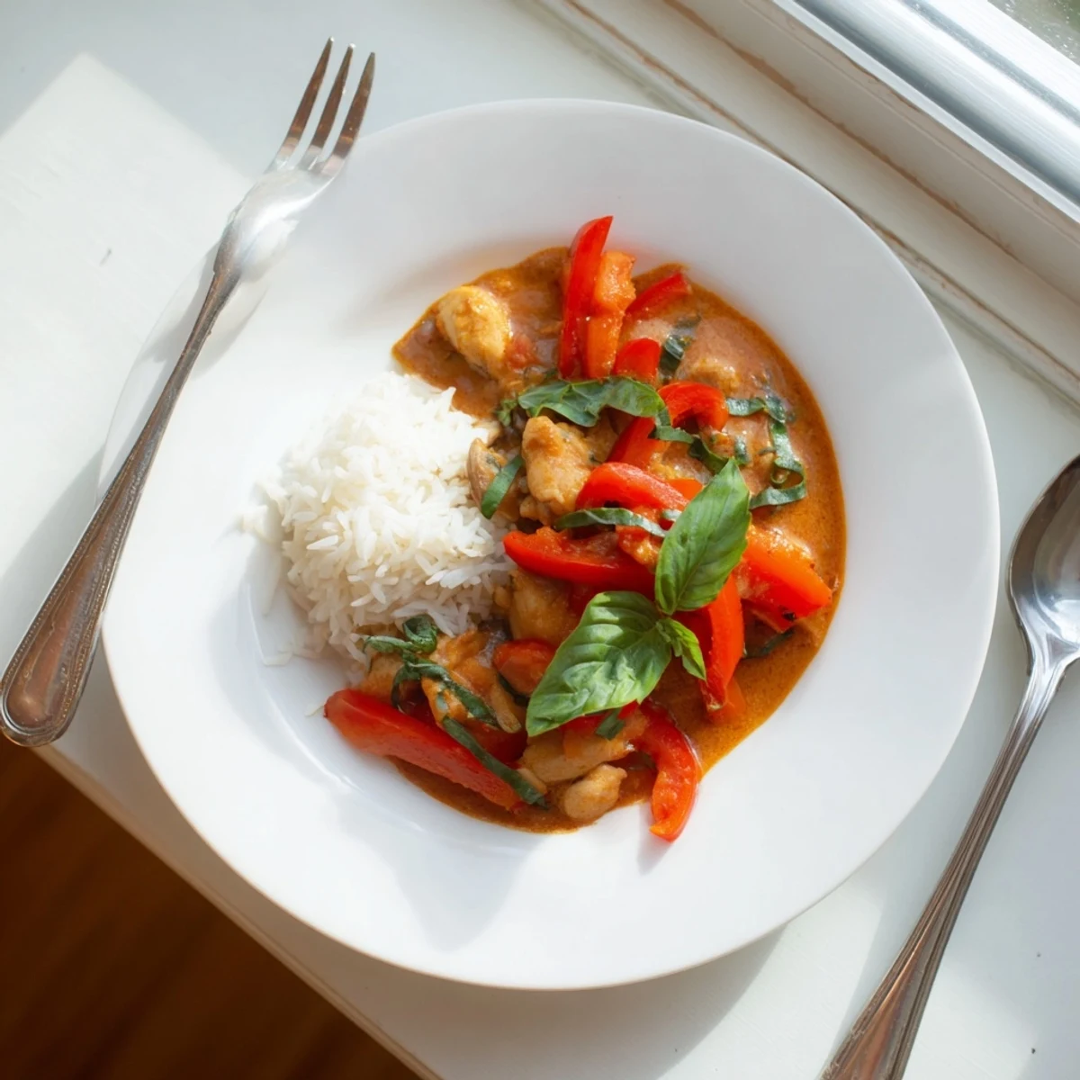 Creamy Thai-inspired basil chicken curry served over white rice with red pepper slices
