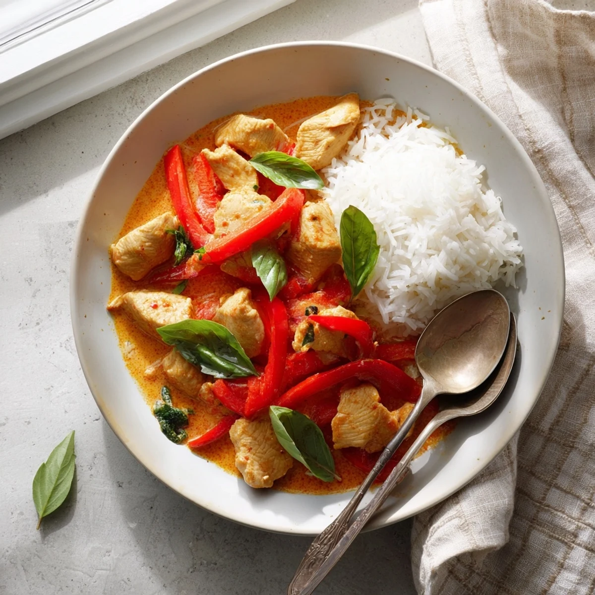 Golden chicken pieces simmer in rich coconut curry sauce with fresh basil leaves