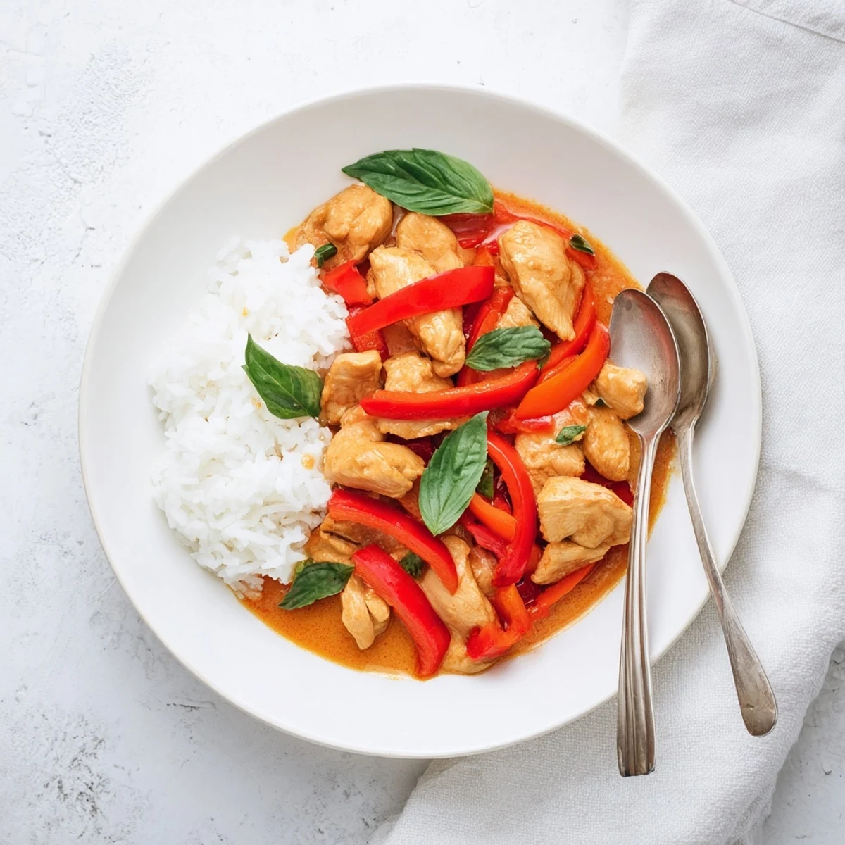 Tender chicken breast in aromatic coconut milk curry sauce garnished with torn basil