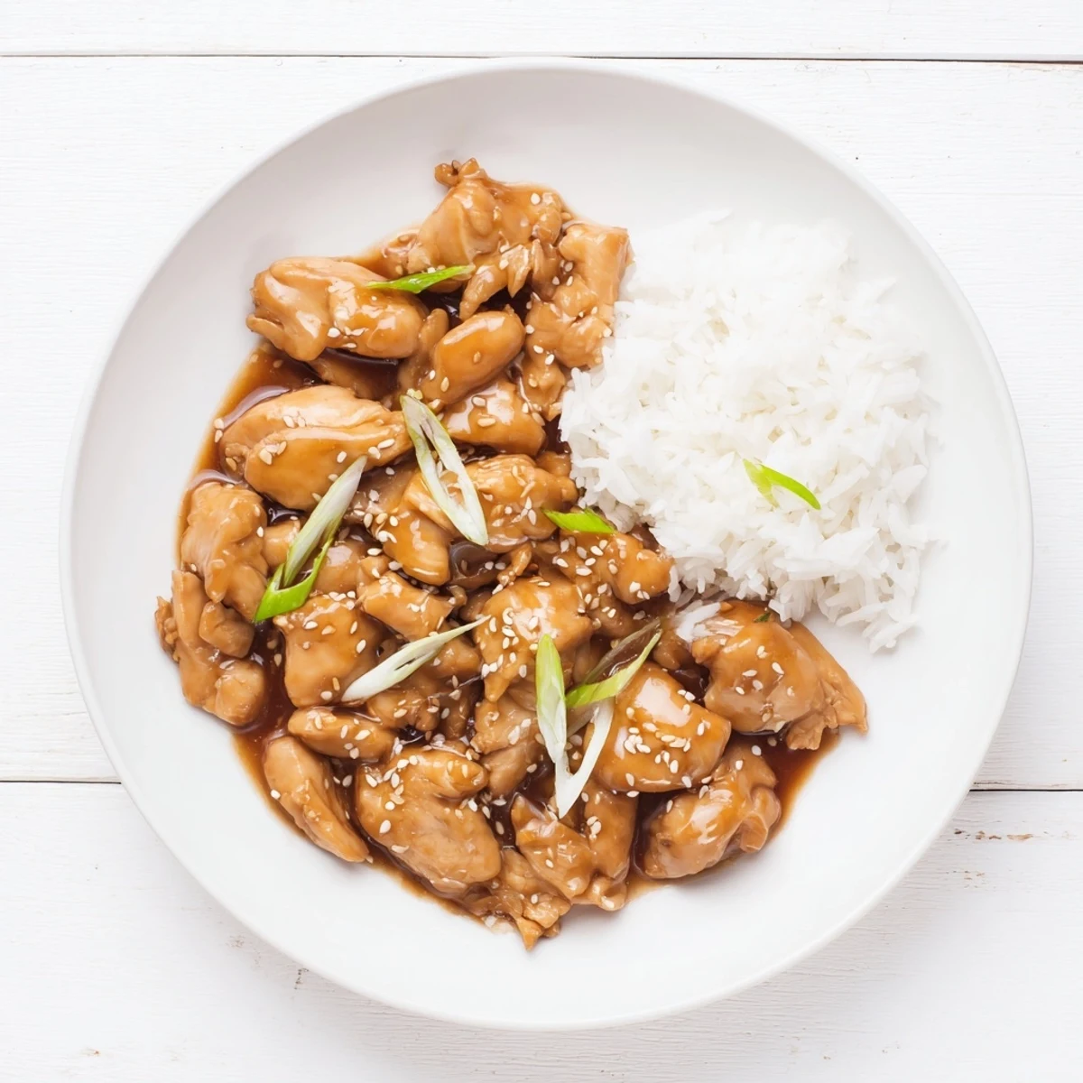 Slow cooker Mongolian chicken with shredded pieces coated in glossy brown sauce and garnished with green onions