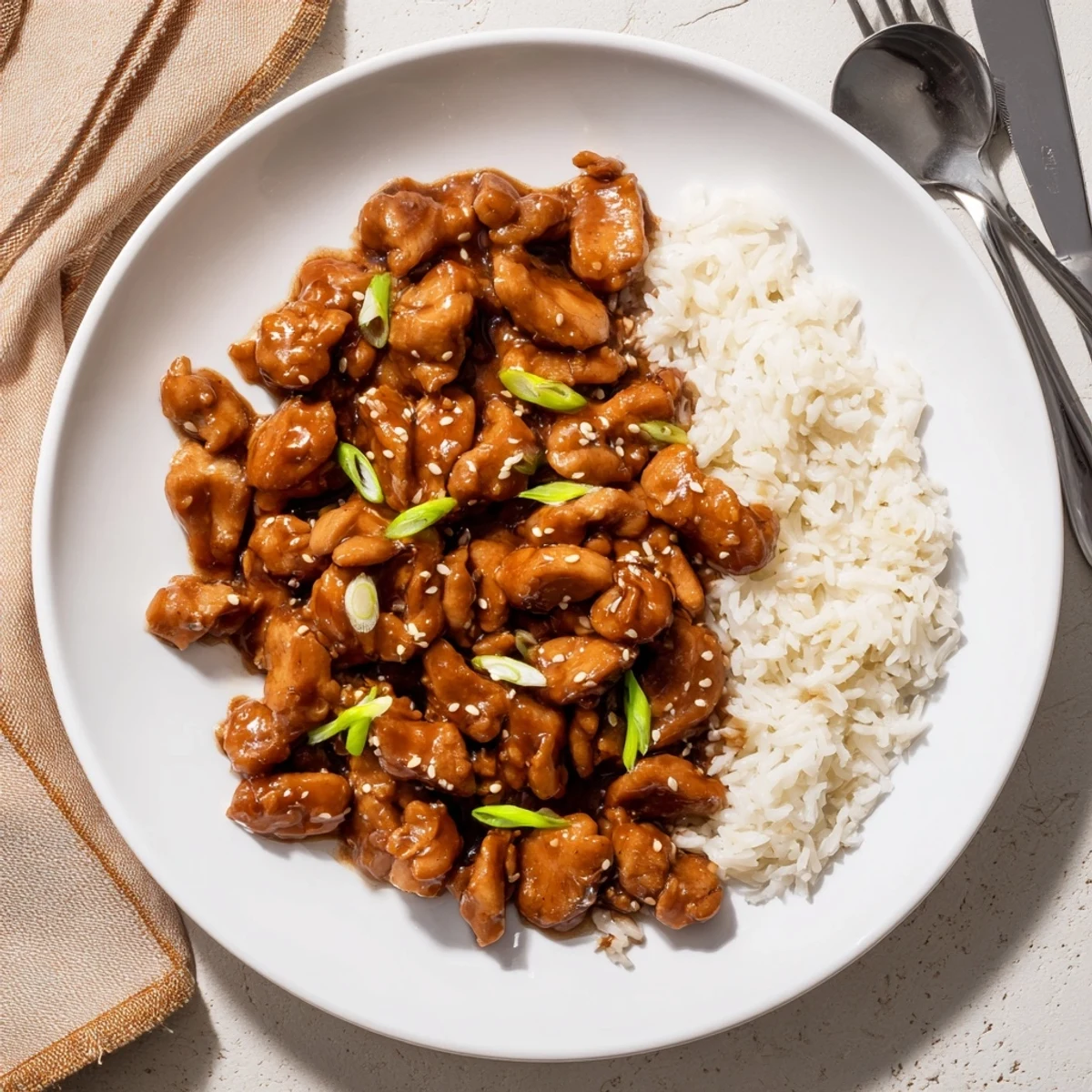 Tender Mongolian chicken thighs simmered in rich garlic-ginger sauce served over fluffy white rice
