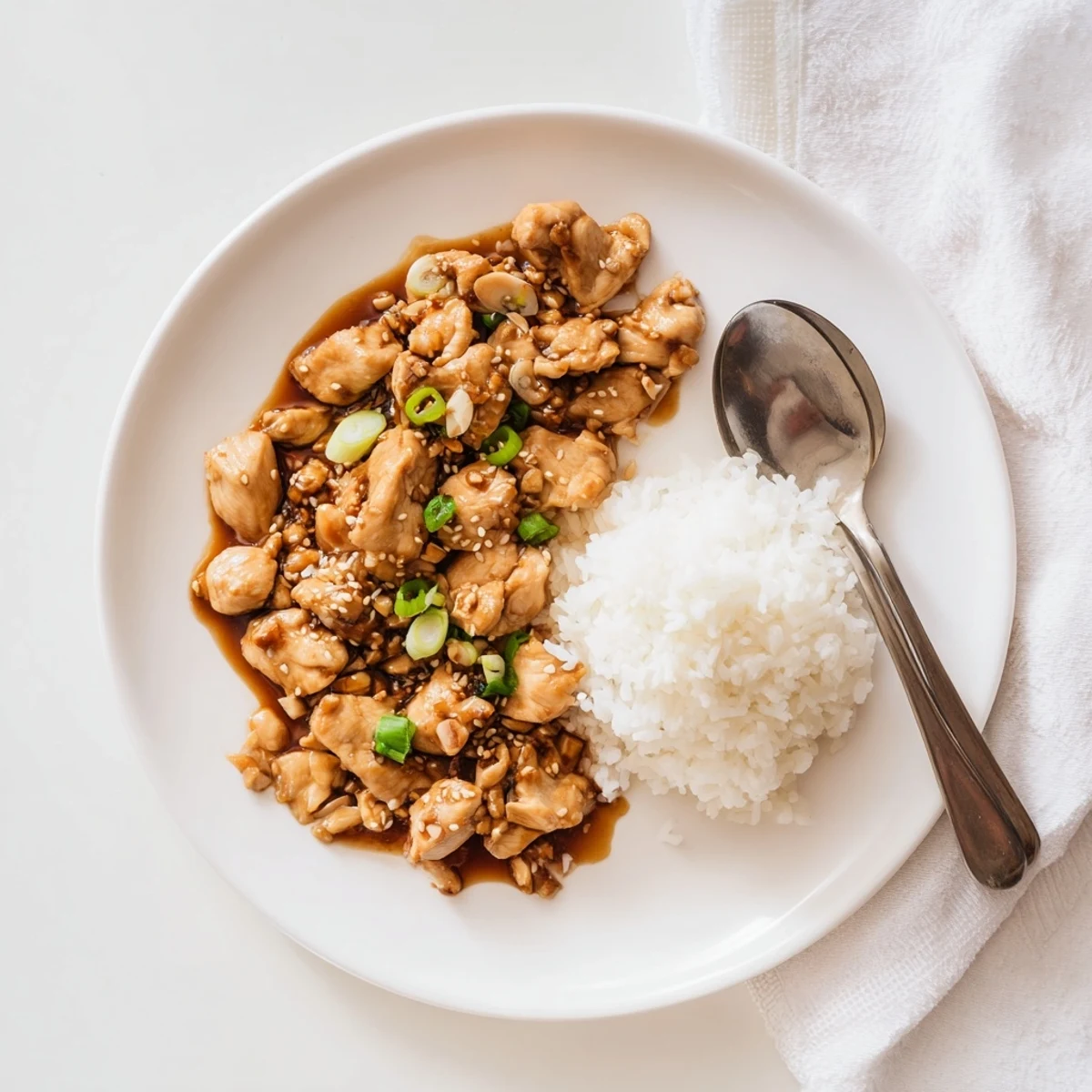 Savory slow cooker Mongolian chicken featuring sesame seeds and red pepper flakes on a deep plate