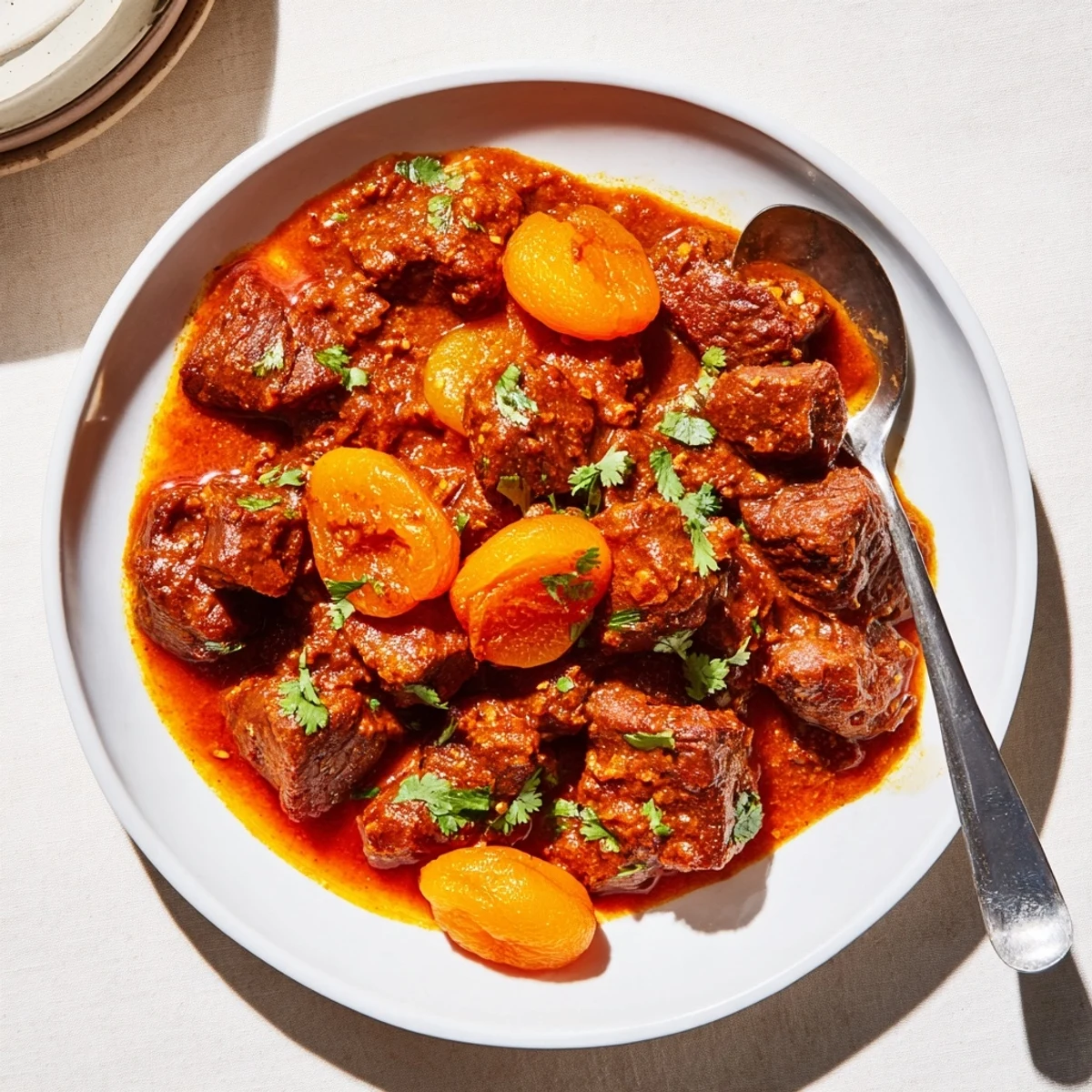 Moroccan beef stew with apricots featuring tender chunks of beef in a rich, spiced sauce