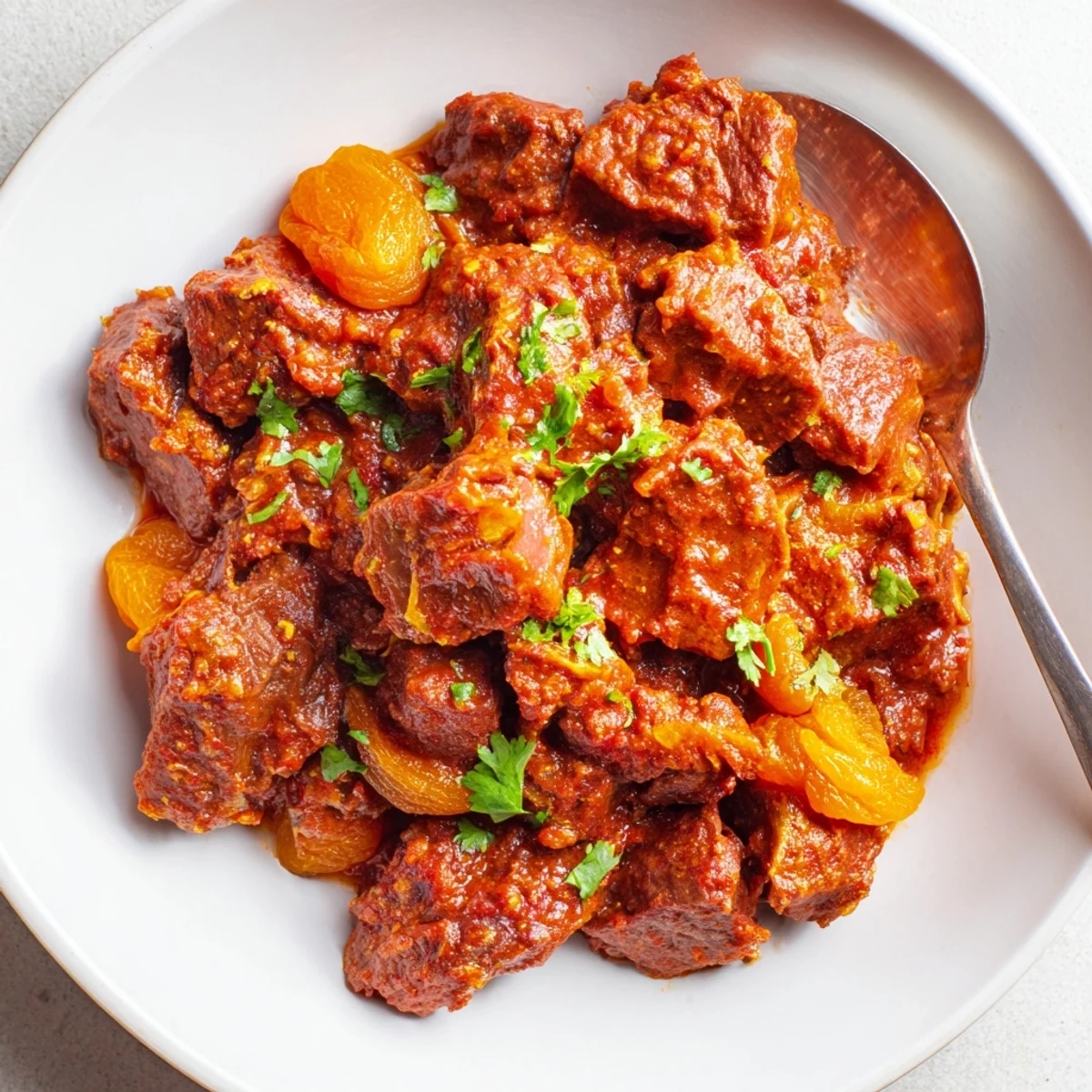 Slow-cooked Moroccan beef stew with apricots showcasing sweet dried fruit and aromatic North African spices