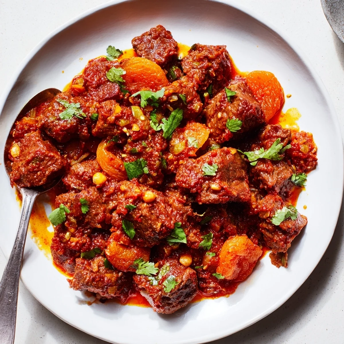 Hearty Moroccan beef stew with apricots served with fresh cilantro garnish and toasted almonds