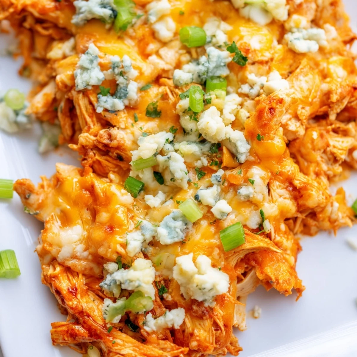 Creamy buffalo chicken casserole dish topped with melted cheddar and mozzarella cheese layer