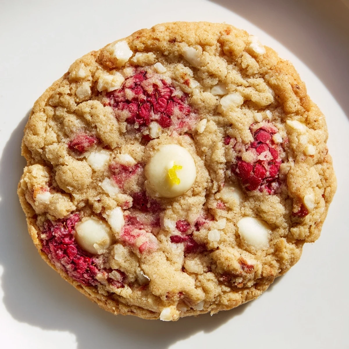 Golden baked lemon raspberry cookies with vibrant red berry pieces and white chocolate chips