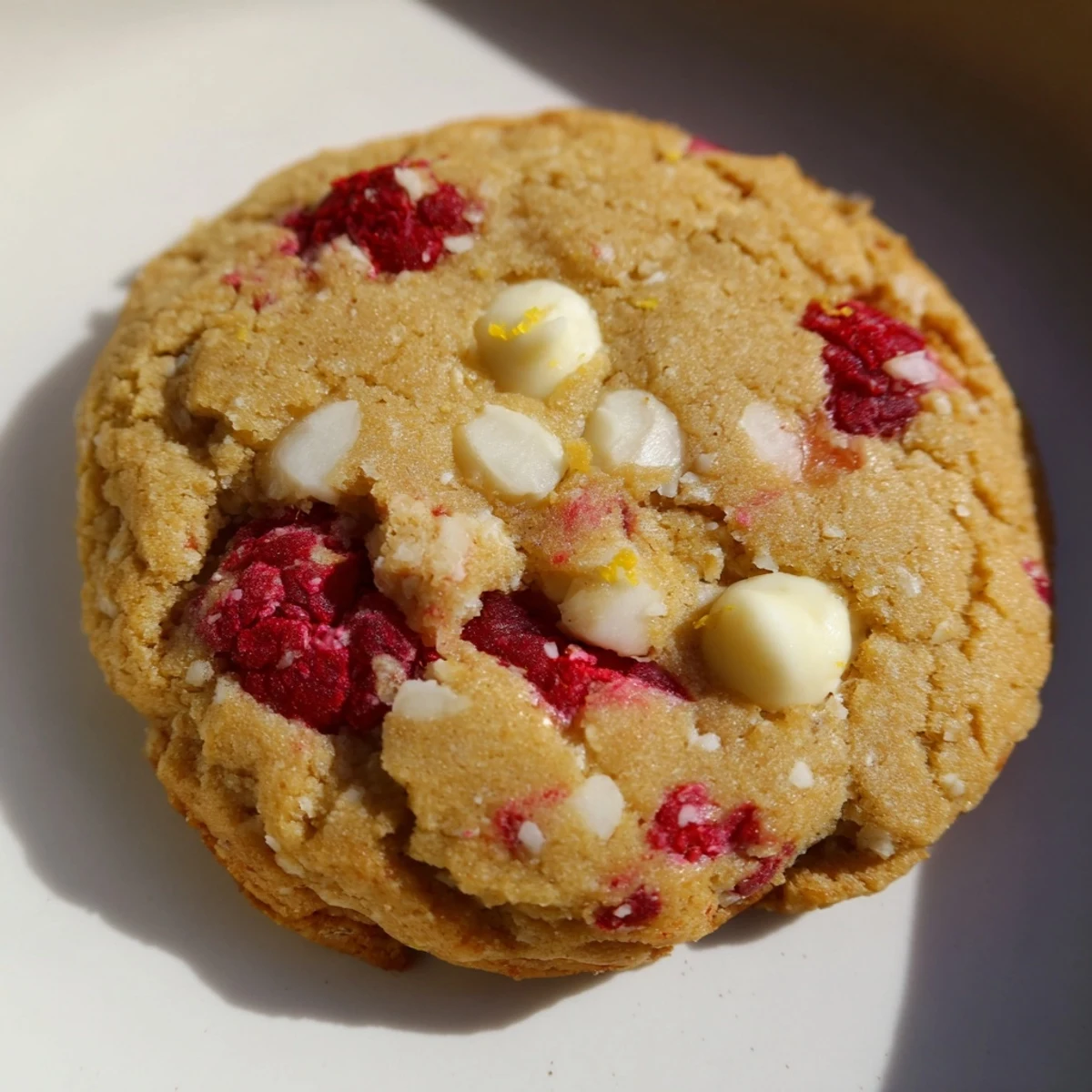 Soft lemon raspberry cookies cooling on wire rack with fresh raspberries beside them