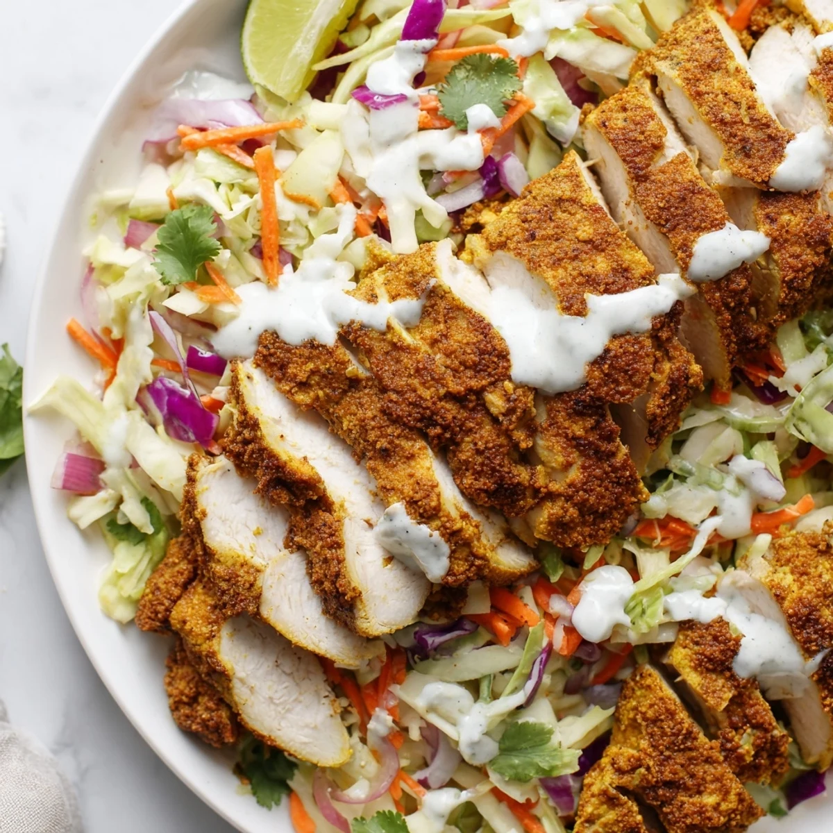 Vibrant plate of curried lime chicken salad featuring crisp coleslaw and refreshing mint yogurt sauce