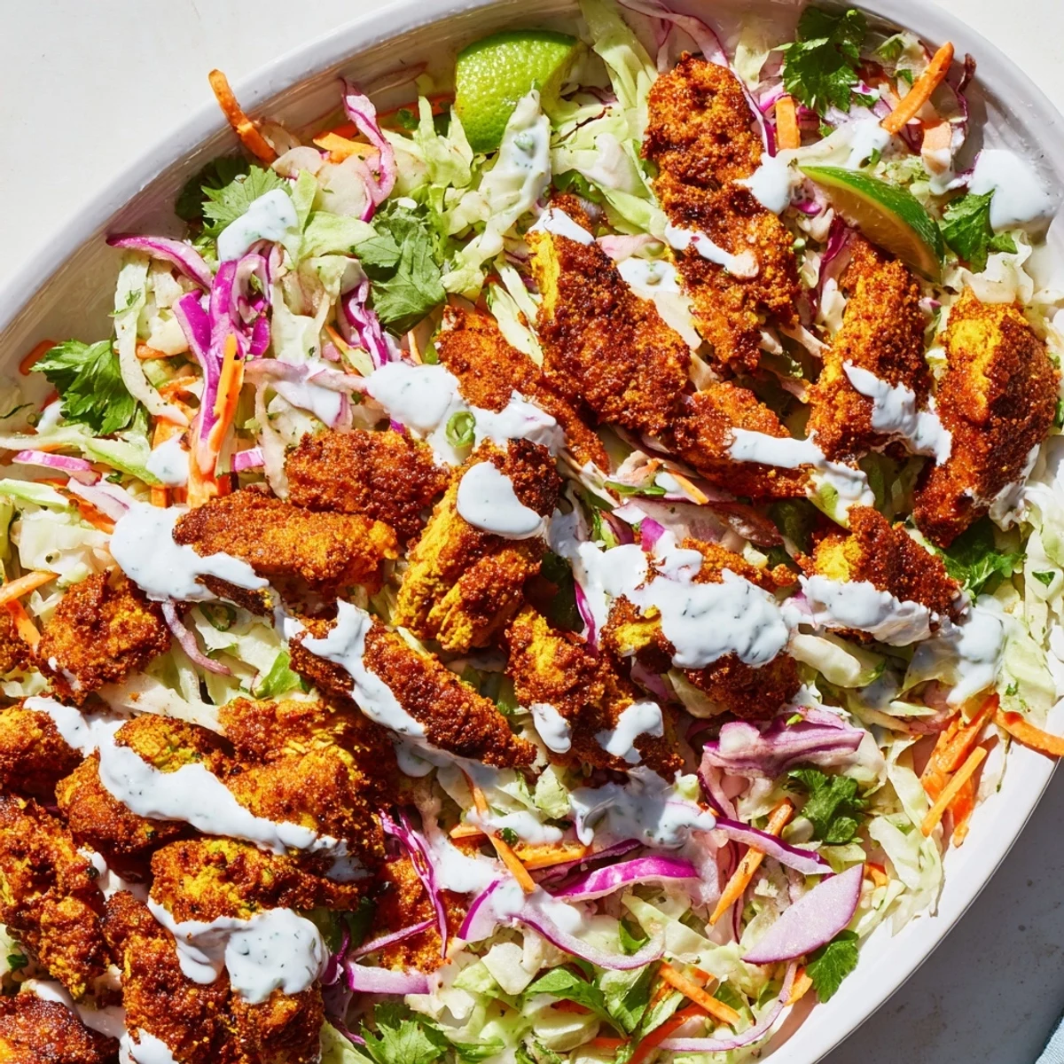 Golden curried chicken slices atop colorful purple and green cabbage slaw with creamy mint yogurt drizzle