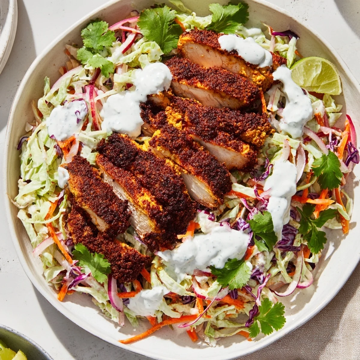 Spiced grilled chicken served over zesty lime coleslaw topped with cool mint yogurt dressing