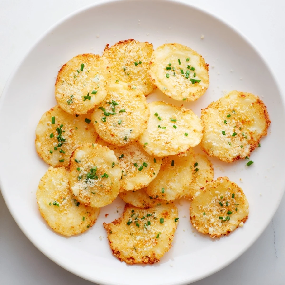 Golden brown cottage cheese chips arranged on a white serving plate, sprinkled with fresh green chives