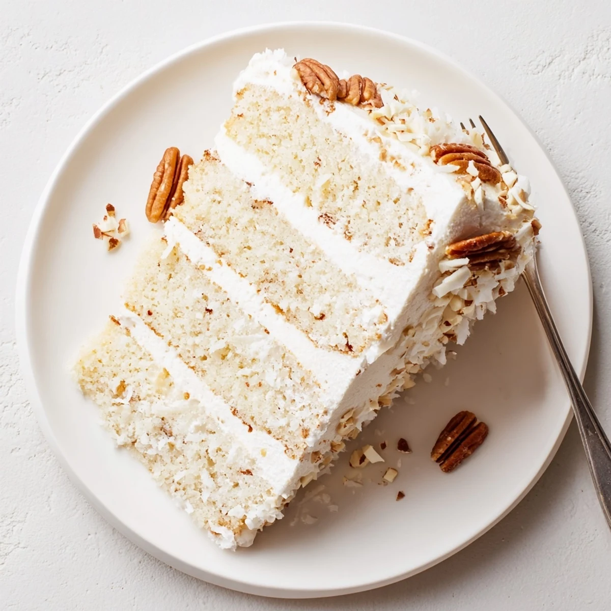 White German Chocolate Cake slice showing creamy white layers and coconut-pecan frosting oozing between tiers.