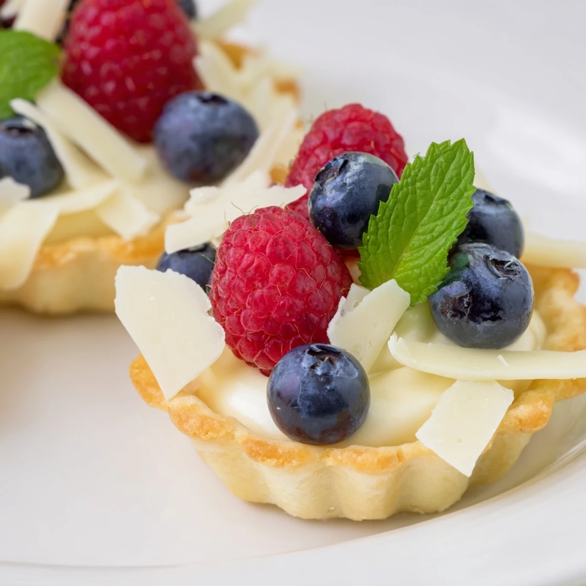 Golden white chocolate mousse tartlets topped with fresh raspberries and blueberries