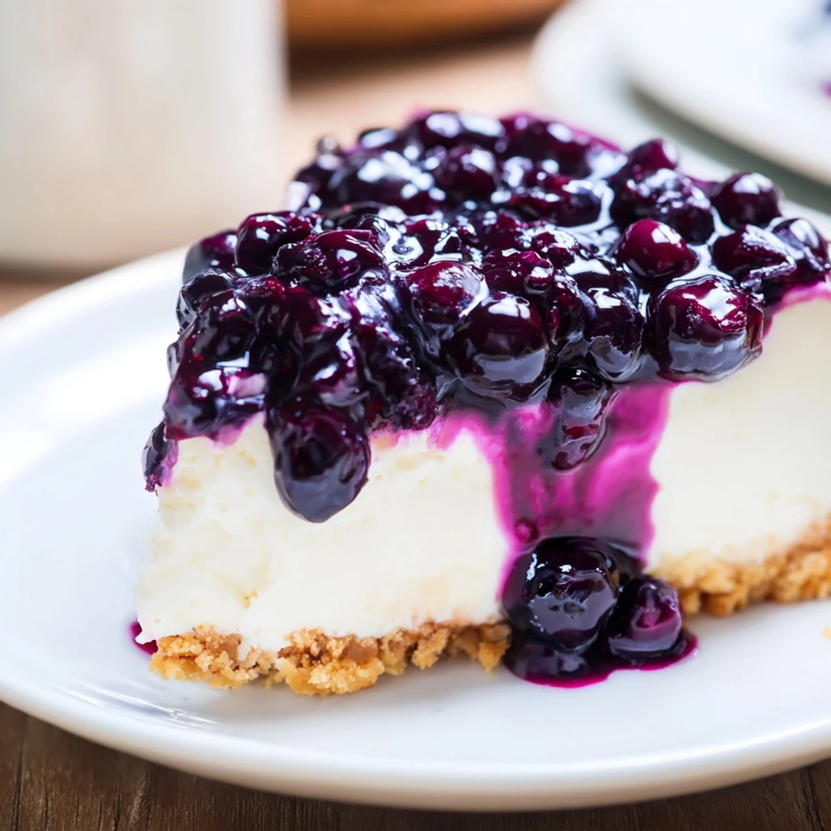 Velvety blueberry cheesecake square featuring smooth cream cheese filling and glossy fruit sauce