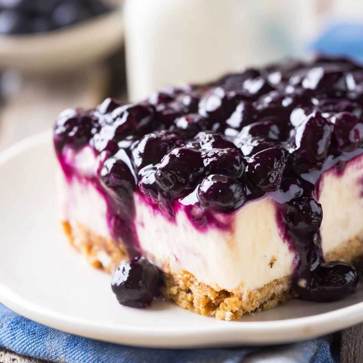 Rich blueberry cheesecake on buttery crust garnished with fresh blueberries and mint sprig