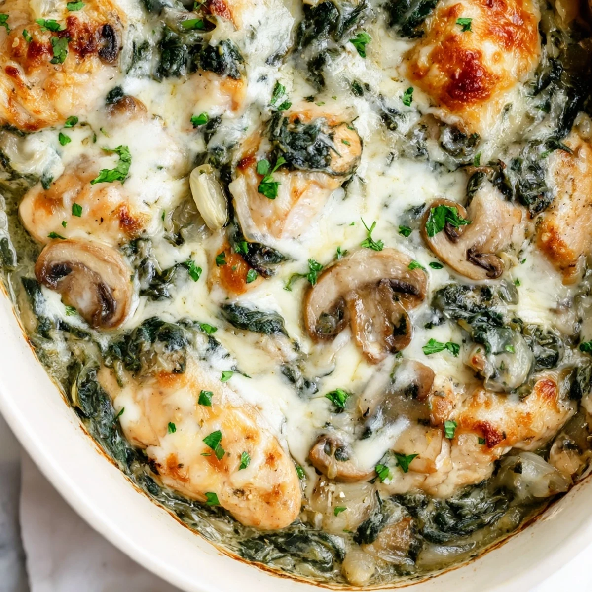 Golden bubbly low carb chicken spinach mushroom bake with melted mozzarella on a baking dish